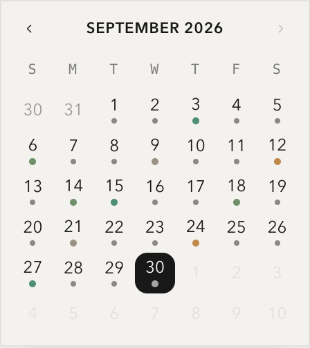 Actual daybound calendar with fictional daily notes and mood dots for September 2026