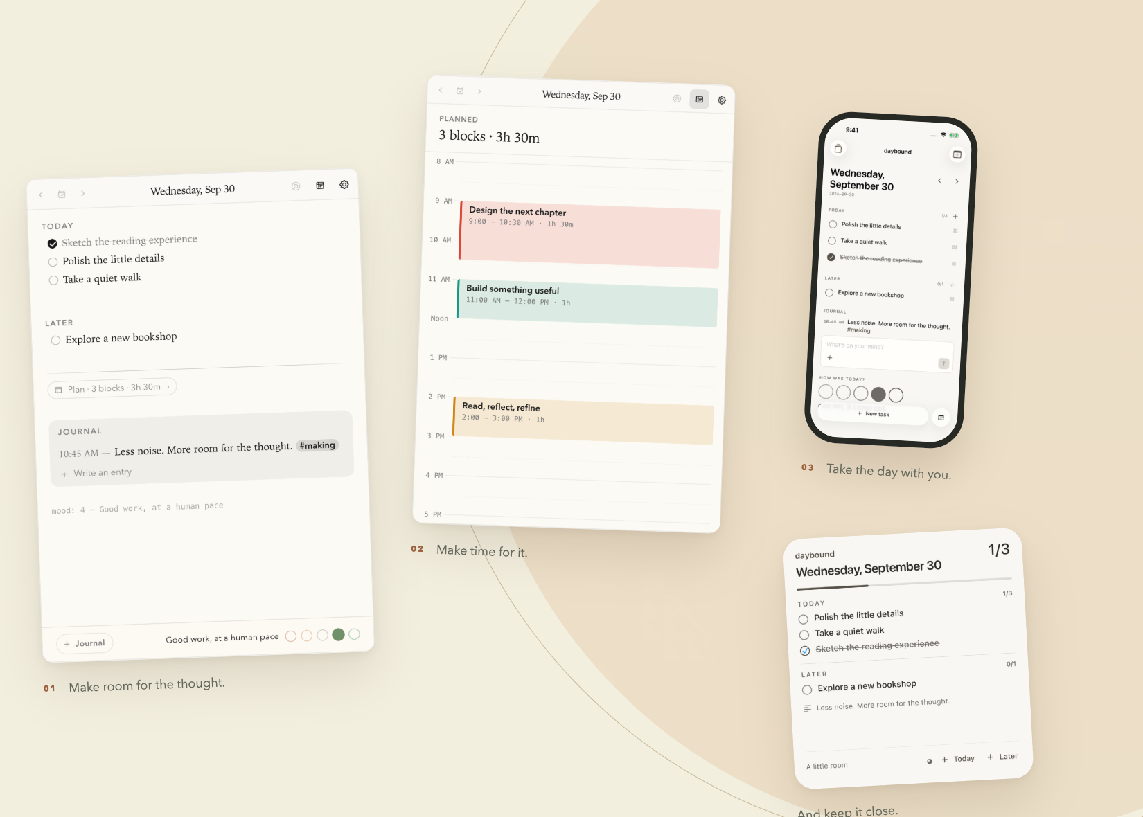 daybound's actual Mac notebook and Day view, native iPhone app, and SwiftUI widget layout preview with fictional notes