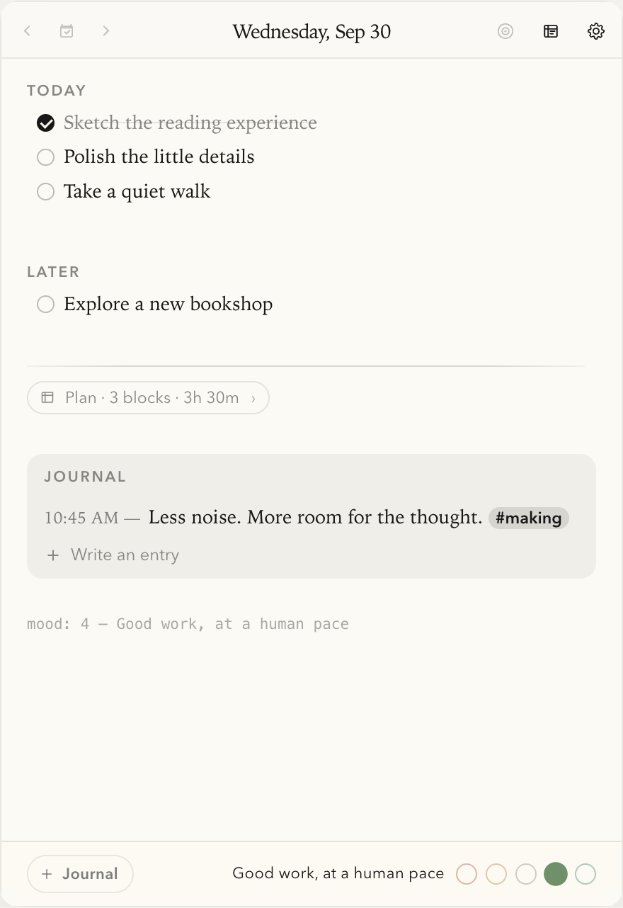 daybound's actual Mac React notebook with tasks and a journal entry
